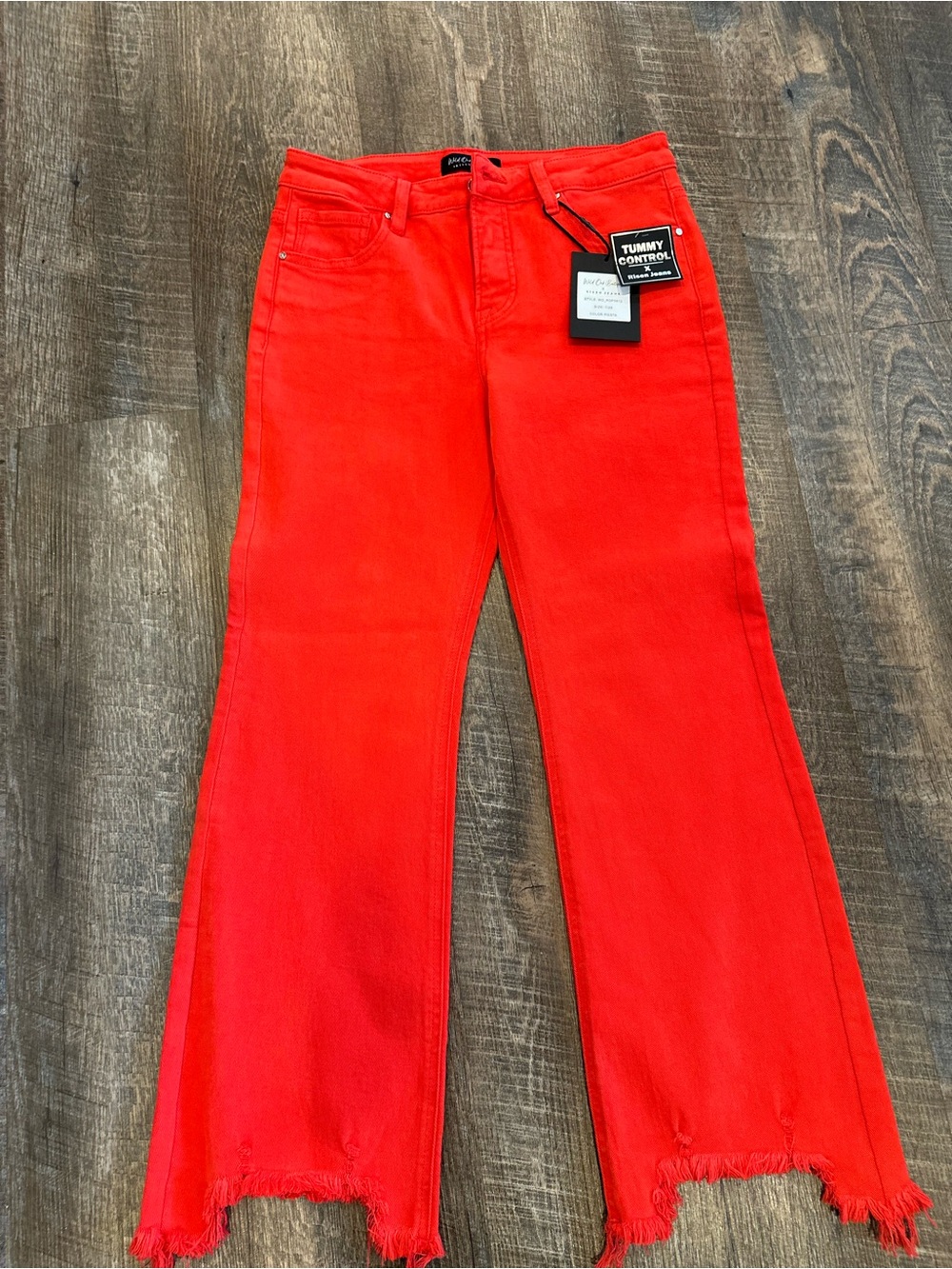 Wide Leg Red Jeans with Frayed Hem - Tummy Control